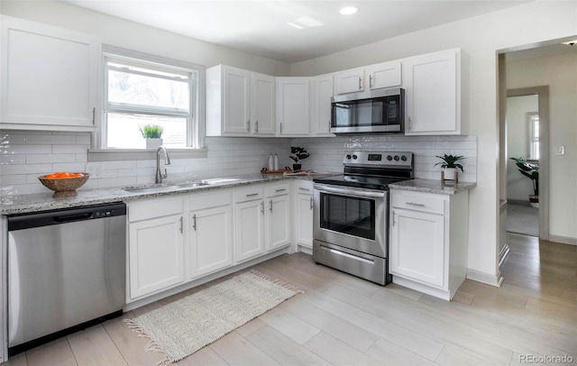 kitchen with a sink, backsplash, stainless steel appliances, and white cabinetry