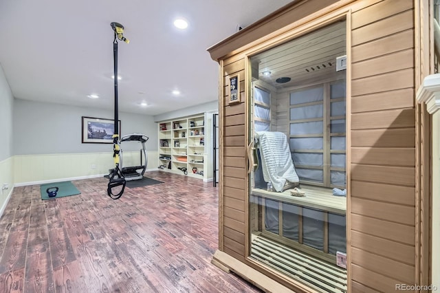 6451 Crestbrook Dr, Morrison, CO 80465 - exercise room with a relaxing sauna, wainscoting, wood finished floors, and recessed lighting