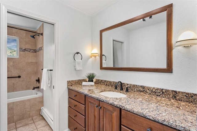 6451 Crestbrook Dr, Morrison, CO 80465 - full bathroom featuring vanity, baseboard heating, tiled shower / bath, crown molding, and tile patterned floors