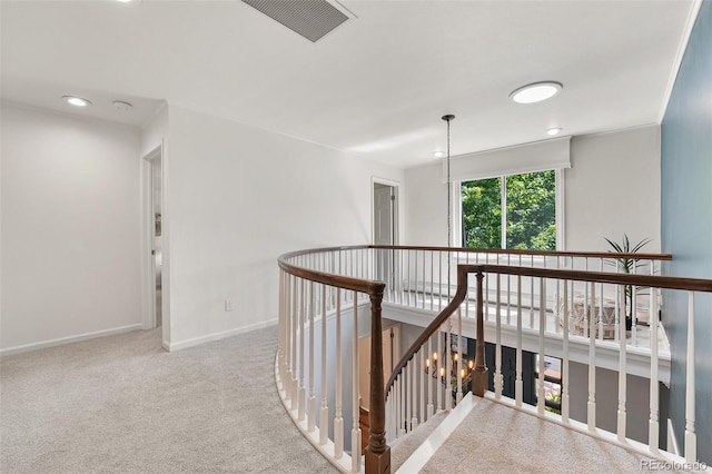 6451 Crestbrook Dr, Morrison, CO 80465 - hall featuring an upstairs landing, carpet floors, and recessed lighting