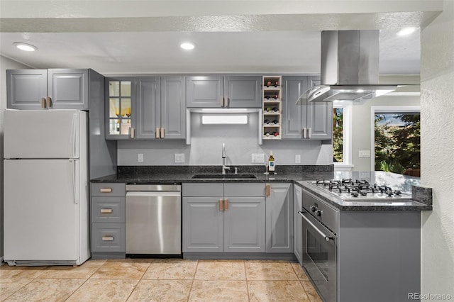 6451 Crestbrook Dr, Morrison, CO 80465 - kitchen with stainless steel appliances, gray cabinetry, island exhaust hood, and recessed lighting