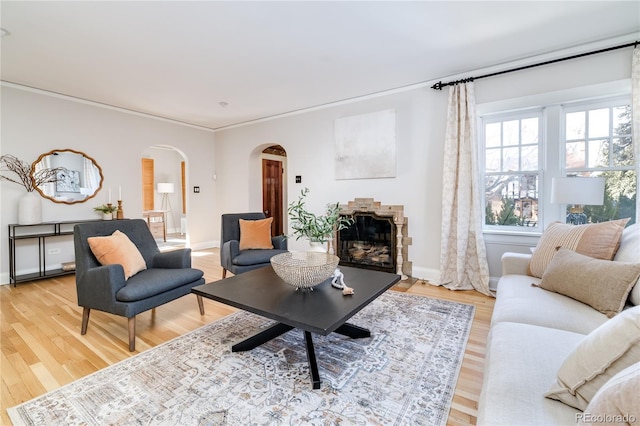 living room with hardwood / wood-style floors, a stone fireplace, and crown molding