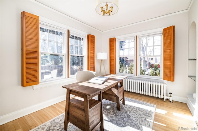 home office with hardwood / wood-style flooring, a notable chandelier, crown molding, and radiator