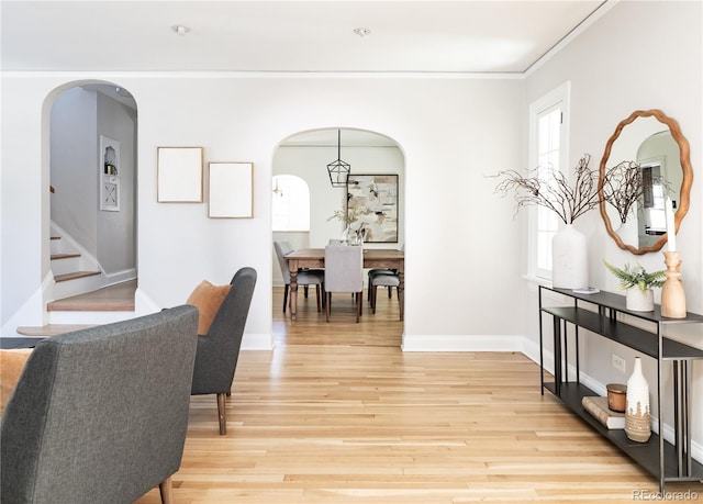 dining area featuring light hardwood / wood-style flooring and crown molding