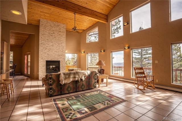 living room featuring a stone fireplace, wood ceiling, lofted ceiling with beams, ceiling fan, and tile patterned flooring