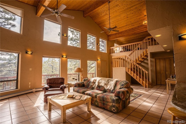 tiled living room with lofted ceiling with beams, ceiling fan, wooden ceiling, and baseboard heating