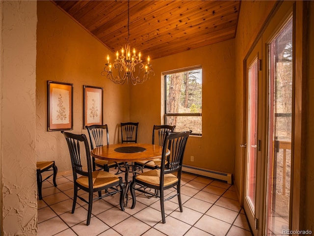 dining room featuring lofted ceiling, light tile patterned floors, wood ceiling, a baseboard heating unit, and a chandelier