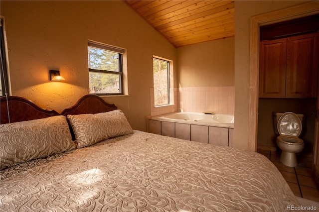 bedroom with lofted ceiling, tile patterned flooring, and wood ceiling