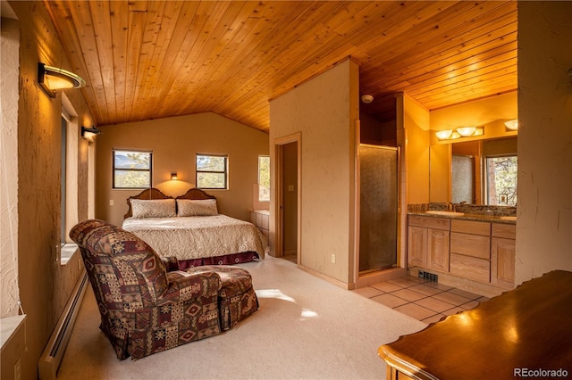 carpeted bedroom with ensuite bathroom, sink, wood ceiling, vaulted ceiling, and baseboard heating