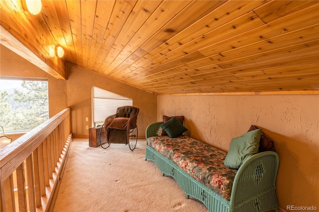 bedroom featuring lofted ceiling, carpet floors, and wooden ceiling