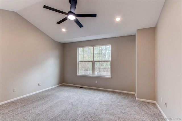 5597 S Buchanan St, Aurora, CO 80016 - carpeted empty room featuring ceiling fan, recessed lighting, lofted ceiling, and baseboards