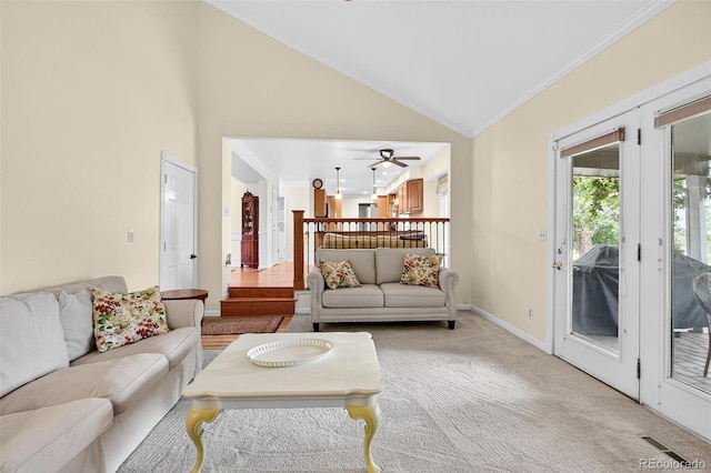 10328 W Crestone Mtn, Littleton, CO 80127 - living room with ornamental molding, light colored carpet, a ceiling fan, and high vaulted ceiling