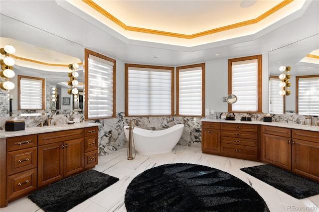 bathroom featuring a healthy amount of sunlight, a bath, vanity, and a raised ceiling