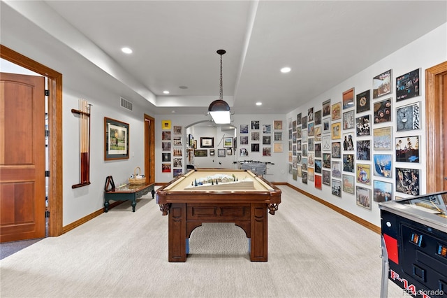 recreation room featuring pool table and light colored carpet