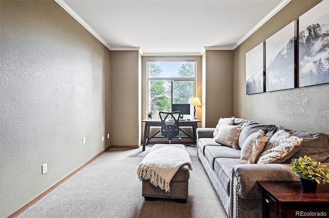 19640 Four Winds Way, Monument, CO 80132 - living area featuring a textured wall, light carpet, crown molding, and an office area