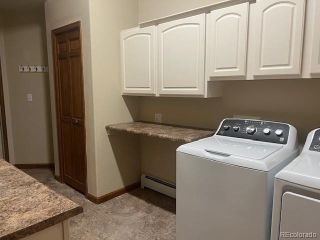 19640 Four Winds Way, Monument, CO 80132 - washroom with a baseboard heating unit, cabinet space, and washer and dryer