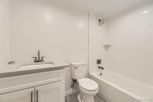 full bathroom with vanity, baseboards, tile patterned floors, toilet, and bathtub / shower combination