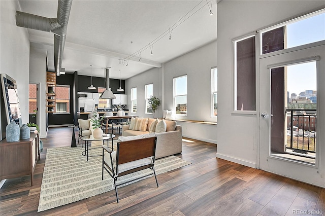 living room featuring wood finished floors, baseboards, and rail lighting