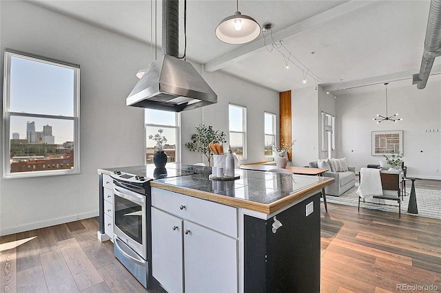 2501 15th St Unit 3F, Denver, CO 80211 - kitchen featuring stainless steel electric stove, island exhaust hood, dark wood-style floors, open floor plan, and baseboards