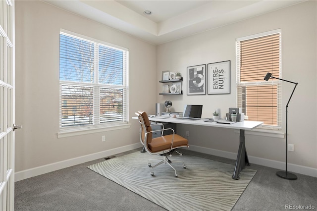 carpeted home office featuring a raised ceiling