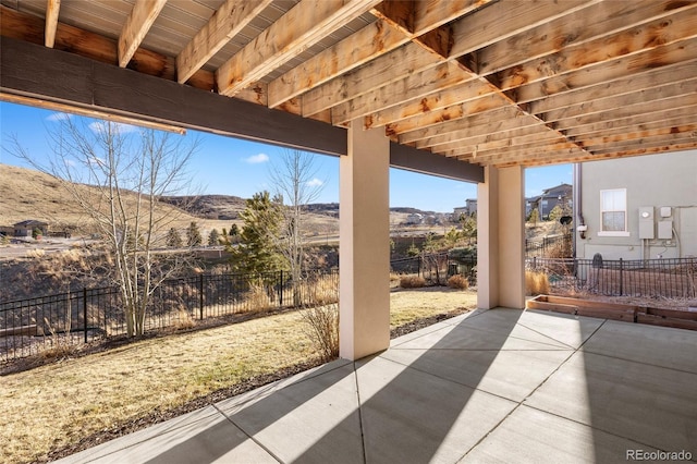 view of patio with a mountain view