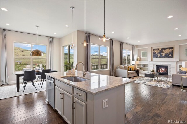 kitchen with a sink, stainless steel dishwasher, dark wood finished floors, plenty of natural light, and recessed lighting