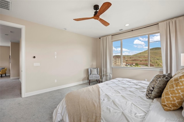 bedroom with carpet floors, baseboards, ceiling fan, and recessed lighting