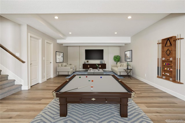 rec room featuring light wood-type flooring, recessed lighting, baseboards, and billiards