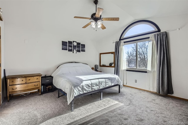 bedroom featuring carpet, ceiling fan, and lofted ceiling