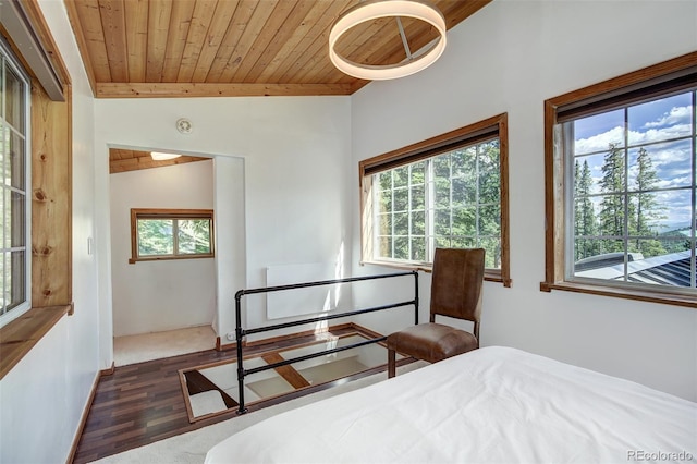 bedroom featuring vaulted ceiling, wood ceiling, and dark hardwood / wood-style flooring