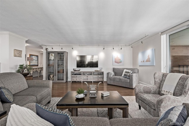 living room featuring ornamental molding, dark hardwood / wood-style floors, a textured ceiling, and rail lighting