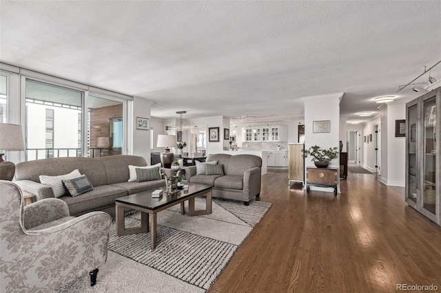 living room with hardwood / wood-style floors and a textured ceiling