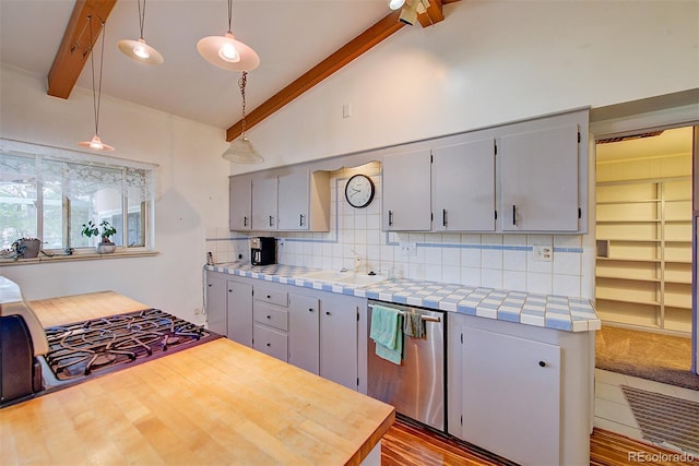 8300 W 67th Ave, Arvada, CO 80004 - kitchen with stainless steel dishwasher, backsplash, gray cabinetry, and pendant lighting