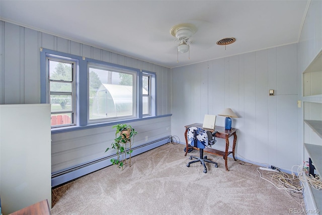 8300 W 67th Ave, Arvada, CO 80004 - carpeted office featuring a baseboard heating unit, a ceiling fan, and crown molding
