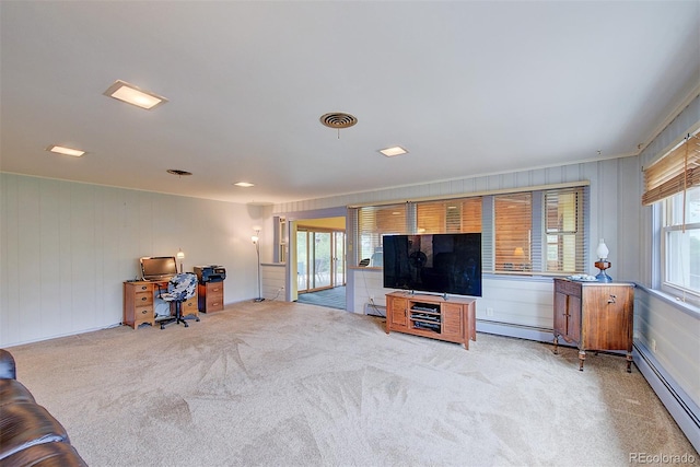 8300 W 67th Ave, Arvada, CO 80004 - living room featuring baseboard heating, light carpet, and a desk