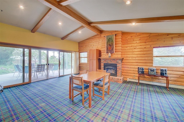 8300 W 67th Ave, Arvada, CO 80004 - dining space featuring carpet flooring, log walls, a fireplace, recessed lighting, and a baseboard radiator