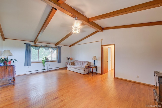 8300 W 67th Ave, Arvada, CO 80004 - living area featuring a baseboard radiator, a ceiling fan, and light wood-type flooring
