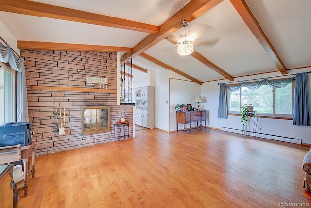 8300 W 67th Ave, Arvada, CO 80004 - living room with a baseboard heating unit, ceiling fan, wood finished floors, and a wood stove