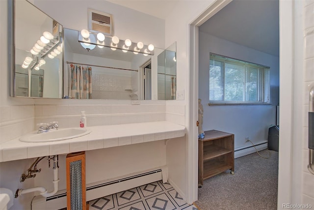 8300 W 67th Ave, Arvada, CO 80004 - full bath featuring a baseboard heating unit, curtained shower, and vanity