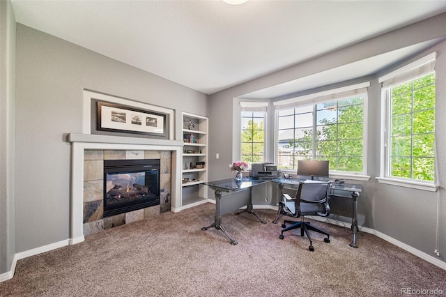 22227 E Hinsdale Ave, Aurora, CO 80016 - office area with a fireplace, built in features, carpet, and baseboards