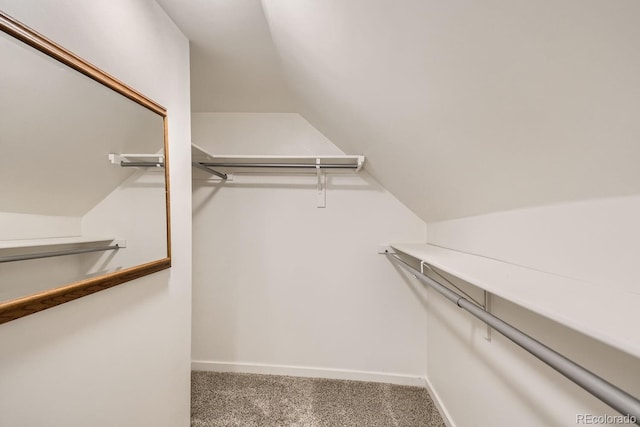 walk in closet with lofted ceiling and carpet floors