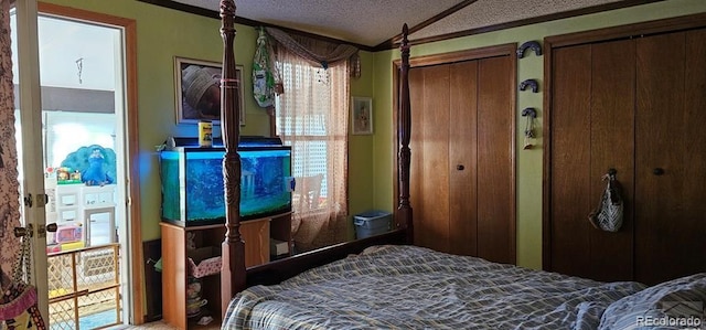 bedroom featuring crown molding, a textured ceiling, and two closets