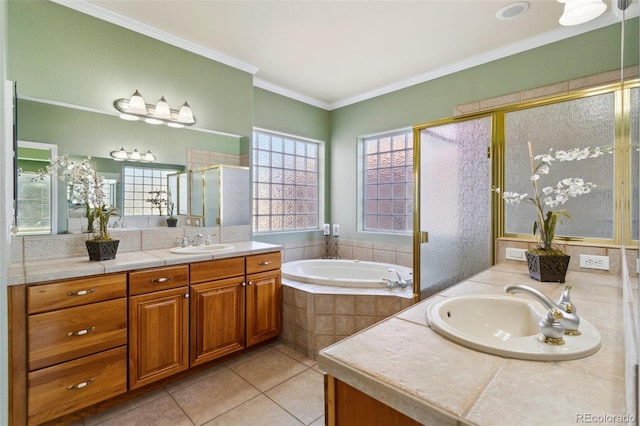 bathroom with vanity, tile patterned flooring, ornamental molding, and plus walk in shower