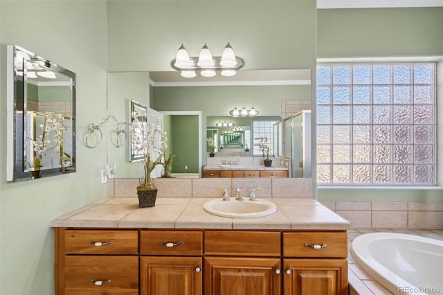 bathroom featuring vanity, crown molding, and independent shower and bath