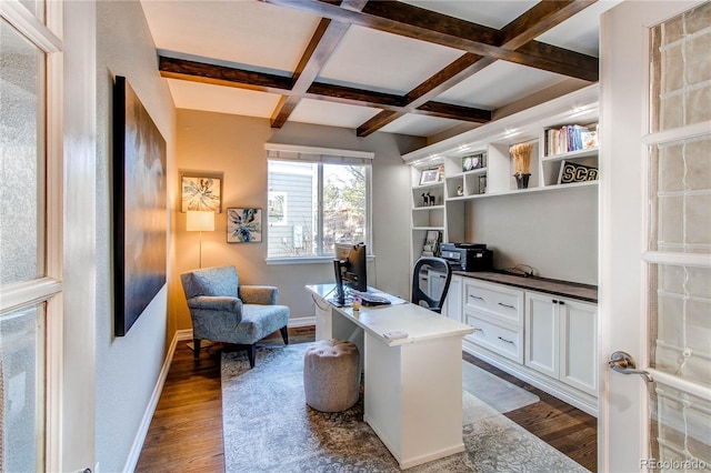 office space with beamed ceiling, coffered ceiling, wood finished floors, and baseboards