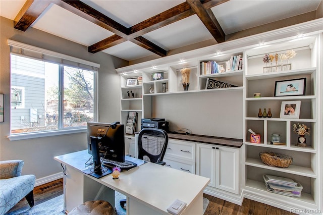 home office featuring baseboards, coffered ceiling, dark wood finished floors, and beamed ceiling