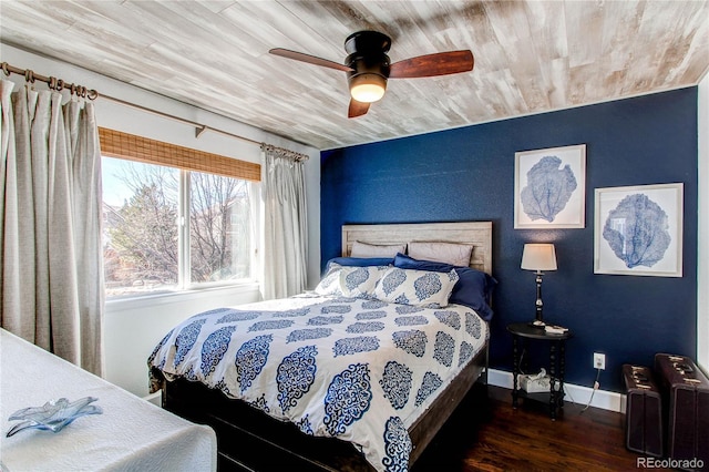 bedroom with a ceiling fan, wooden ceiling, baseboards, and wood finished floors