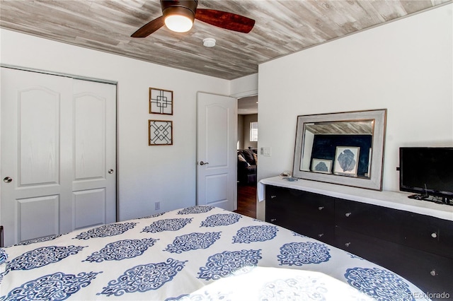 bedroom with a closet, wood ceiling, and a ceiling fan