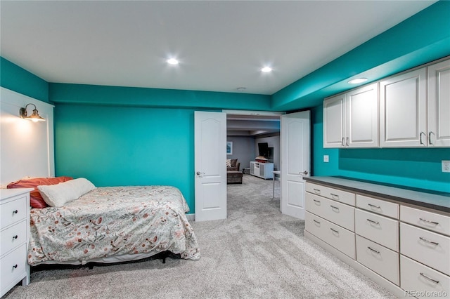 bedroom featuring recessed lighting and light colored carpet