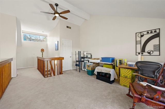 office space with light carpet, beam ceiling, high vaulted ceiling, and ceiling fan